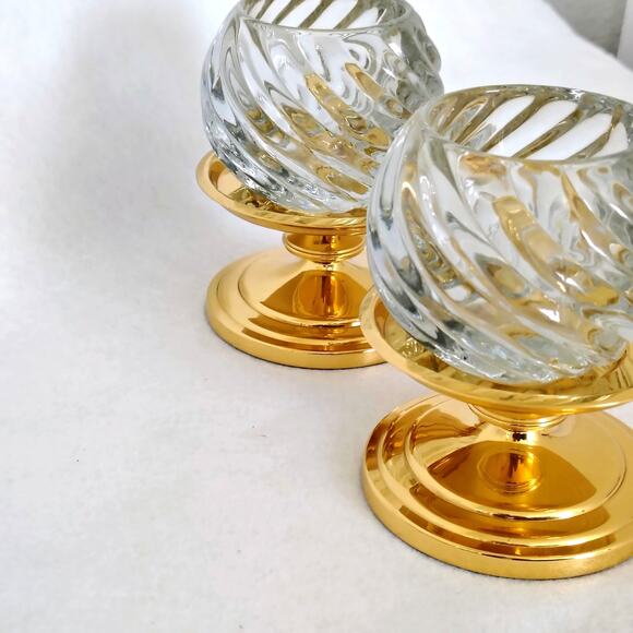 Partylite Swirl Votive Tea Light Glass Candle Holder Brass Pedestal Pair Set of2 - Picture 7 of 7